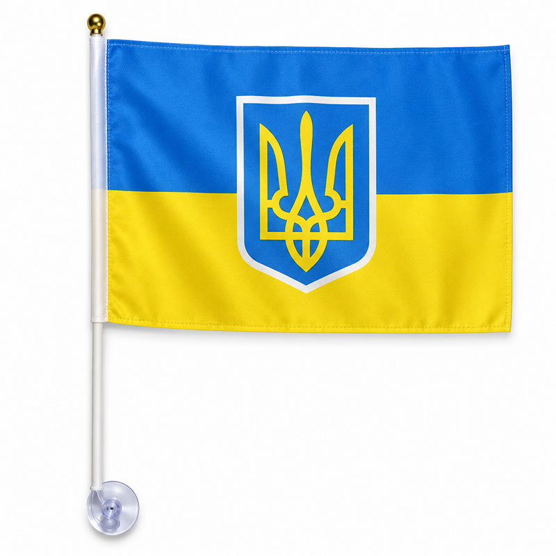Прапори України різних розмірів із синьо-жовтим полотнищем і варіантами кріплення